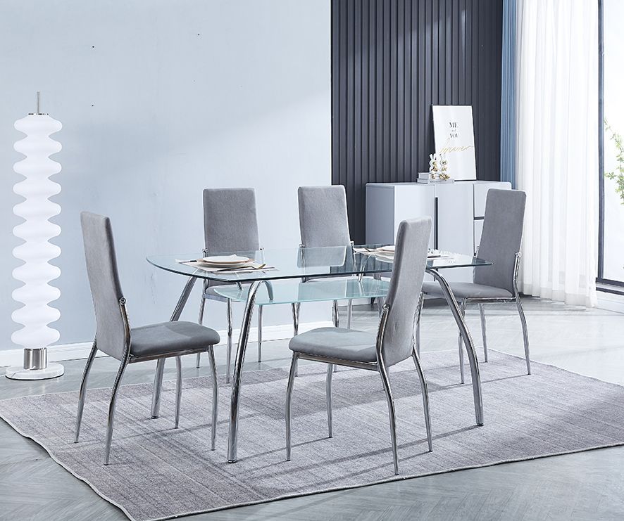 Conjunto comedor mesa cristal y 6 sillas gris