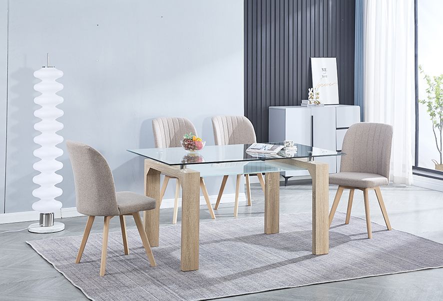 Conjunto de mesa de cristal y 4 sillas beige