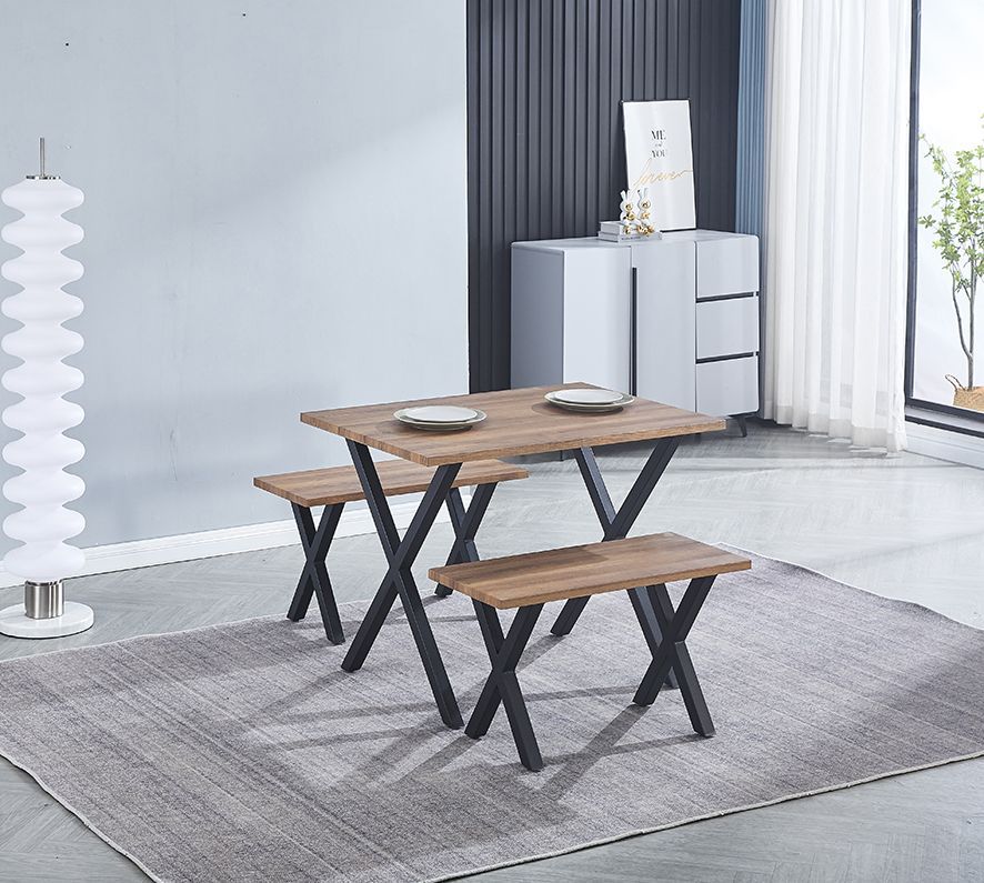Conjunto mesa y bancos estilo industrial madera