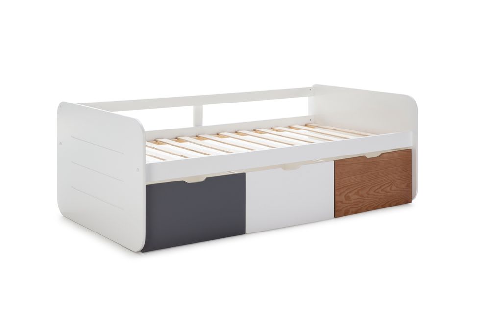 Cama juvenil con 3 cajones blanco, gris y cera